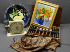 CASED CANTEEN OF HORN HANDLED CUTLERY and other collectables including an onyx marble mantel