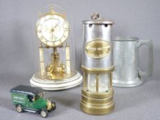 MINER'S LAMP marked 'Ashington Colliery', a Kundo mantel clock, a pewter tankard ETC