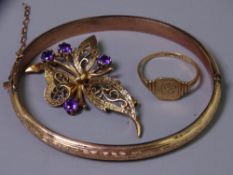 9CT GOLD JEWELLERY - three items including a bangle with chased half decoration, 7.5grms, a