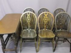 VINTAGE OAK GATE-LEG DINING TABLE & SIX WHEELBACK WINDSOR CHAIRS, 73cms H, 118cms L, 49cms W (