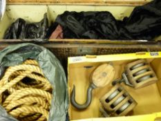 VINTAGE TIN TRUNK, fur coat and other clothing, a length of heavy gauge rope and three block and