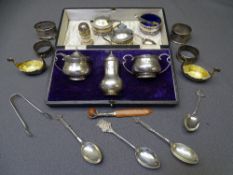 SMALL SILVER - a good quantity including a cased three piece condiment set by 'Walker and Hall,