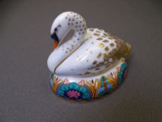 ROYAL CROWN DERBY PAPERWEIGHT of a swan with gold stopper