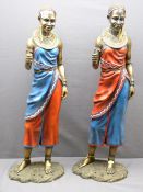 AFRICAN TRIBES WOMAN PLASTER FIGURINES, a pair, 78cms H