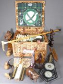 BONE HANDLED WALKING CANE with possibly silver collar, a wicker basket picnic set, dressing table