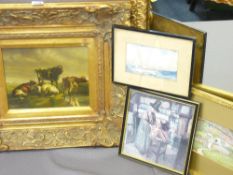 HARDER, GOUACHE TYPE PAINTING on metal panel, bull and cows, 19 x 24cms, other pictures and prints