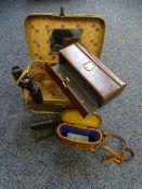 VINTAGE ITEMS - cased binoculars, flat iron and vanity case