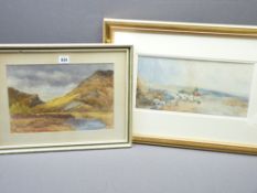 D COX (bears signature) watercolour - farmers droving sheep on horseback and with dog, 18 x 36cms