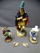 THREE DOLL FIGURINES and two small pottery ducks, 'Riverboy' HN2128', 'Town Crier' HN3261 and 'The