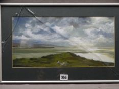 JOHN PELL acrylic - Tremadog Bay from Black Rock, signed, 19.5 x 40cms (requires renewal of glass)