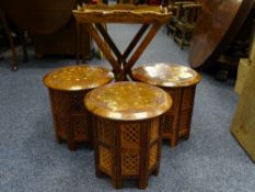 MODERN EASTERN HARDWOOD BUTLER'S TRAY & STAND and three circular top folding side tables with copper