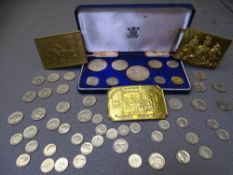COLLECTABLE COINS & BRASS BELT BUCKLES, a mixed quantity to include a 1966 Royal Mint Set for the