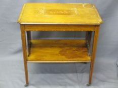 EDWARDIAN INLAID MAHOGANY TWO-TIER SIDE TABLE, 72cms H, 70cms W, 47cms depth (some restoration