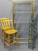 GILT METAL & GLASS FIVE SHELF DISPLAY STAND, two modern pine bar chairs and a wirework display rack,
