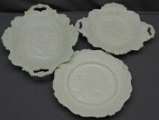 W RIDGWAY SON & CO RELIEF/DRABWARE PLATES X 3, fern and floral patterns with multi-pattern relief