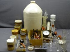 CHEMIST SHOP STONEWARE JARS, mini lab gauges, bunsen burners, glass files, containers and measures