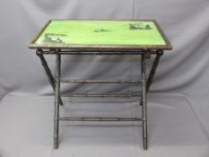 VINTAGE FOLDING BAMBOO COACHING TABLE with panda stencil decoration to the top, 67cms H, 71cms W,