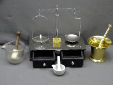 MAW OF LONDON CHEMIST DISPENSARY BALANCE and three various pestle and mortars