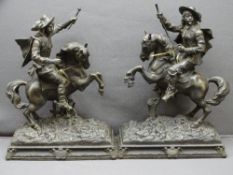 SPELTER FIGURES - a pair of cavaliers on horseback, both on oblong bases