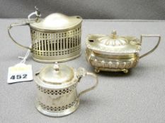 THREE LIDDED SILVER MUSTARD POTS, Chester 1895, 1917 and Birmingham 1932, 5.4 troy ozs weighable (
