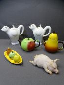 CARLTONWARE NOVELTY TEAPOTS, condiment set and a Coalport recumbent pig model