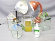 RED PLASTALITE & ARORA CAST & ALUMINIUM TABLE LAMPS with five modern stained glass candle lamp