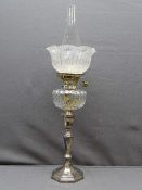 20TH CENTURY EPNS & GLASS OIL LAMP, segmented candlestick type base with cut clear glass font and