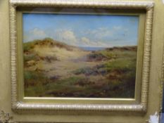 EDITH BULLOCK oil on board - coastal dunes scene with hovering gulls, signed, 29 x 39cms