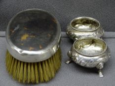 SILVER & TORTOISE SHELL CLOTHES BRUSH and a pair of silver salts