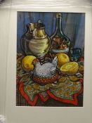 MOSS WILLIAMS watercolour - richly coloured still life study of fruit vessels and a pottery hen on