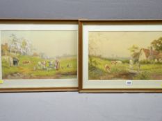 H MURRAY watercolours, a pair - genre scenes of children and cattle, 28 x 43cms