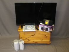 POLAROID FLATSCREEN TV WITH REMOTE on a pine lidded box stand, modern, with a boxed quantity of