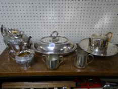 EPNS & OTHER PLATEDWARE including a circular tazza and a Victorian floral embossed teapot with cream