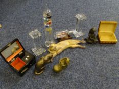 LACQUERWORK MUSICAL JEWELLERY BOX, Galileo thermometer, glass ornamental candlesticks and similar
