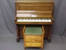 COMPACT FORREST & SON SHREWSBURY oak cased upright piano with box seat music sheet stool, 102cms