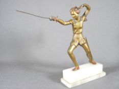 ART DECO COLD PAINTED SPELTER SWORDSWOMAN on marble plinth (AF)