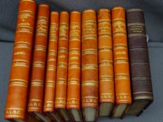 RED LEATHER HALF BOUND VINTAGE BOOKS and one other, various titles, editions and printers circa