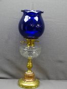VICTORIAN OIL LAMP with brass and copper column base, cut glass font and reproduction Bristol blue