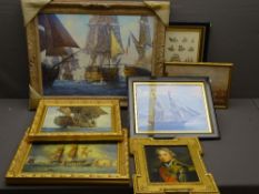 NAVAL WARSHIP OILOGRAPHS and other marine related pictures and prints (7), various measurements