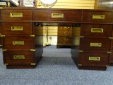 GIBBARD CRAFTSMAN SOLID MAHOGANY REPRODUCTION CAMPAIGN STYLE PEDESTAL DESK with brass corner banding