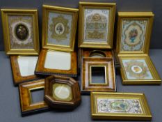 SEVEN GILT FRAMED DECORATIVE PRINTED CARDS and a quantity of wooden portrait frames in the antique