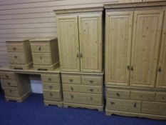 FIVE PIECE MODERN PINE EFFECT BEDROOM SUITE including two press type wardrobes, double doors with