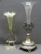 SILVER PLATED SPILL HOLDERS - antique with etched and vaseline glass flutes
