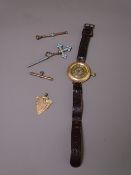 14K STAMPED WATCH, 9ct gold shield fob, Turquoise set gilt metal propelling pencil and sleeved stick