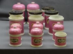 FIFTEEN VICTORIAN PINK POTTERY CHEMIST JARS with mercury type glass labels, some with original