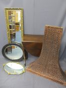 THREE GILT FRAMED & OTHER WALL MIRRORS, vintage mahogany twin-flap table and a copper chimney breast