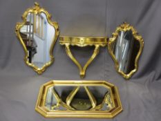THREE GILT FRAMED WALL MIRRORS with a single drawer wall mount hall table, various measurements