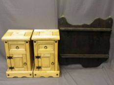 MEXICAN PINE BEDSIDE CABINETS, a pair, and a rustic two shelf wall rack, various measurements