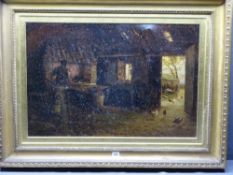 EDITH BULLOCK oil on canvas - large atmospheric scene of a blacksmith at work in his workshop with