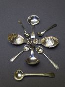 GEORGE IV SILVER TEA CADDY SPOON & THREE OTHERS with a quantity of mustard and salt spoons, assay